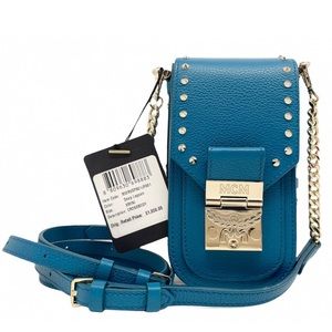 MCM New Mini Studded Deep Lagoon Leather Crossbody Bag Made in Italy
